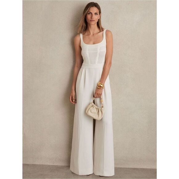 Reiss Pants - Reiss Carla Perforated-Knit Wide-Leg Jumpsuit in Ivory in size 12
